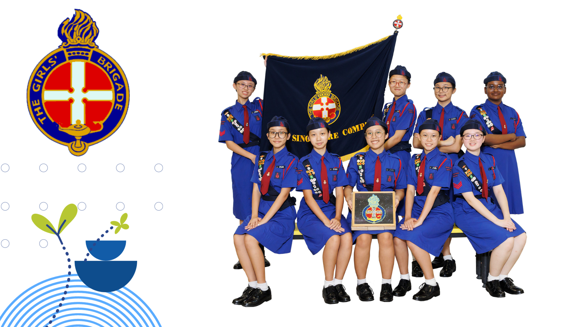 Group of Girls Brigade members in blue uniforms posing with their navy flag and emblem badge.